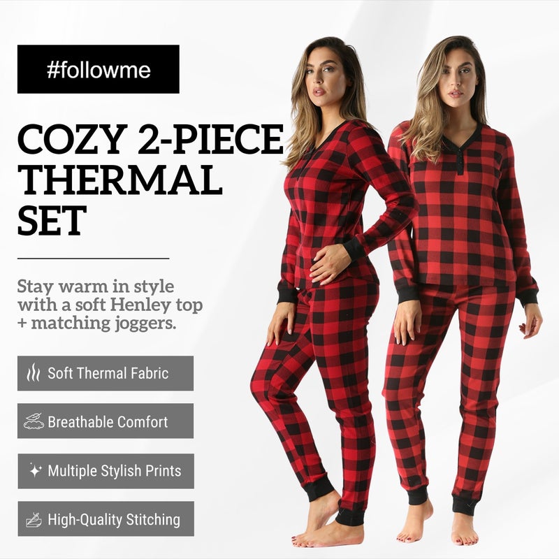 #followme Buffalo Plaid 2 Piece Base Layer Thermal Underwear Set for Women 6372-10195-NEW-RED-M - Image 4